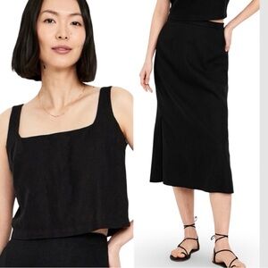 NWTS💓GAP OLD NAVY LG/XL💓BLACK LINEN BUNDLE BACK BUTTON TOP MIDI SKIRT SIDE SLIT